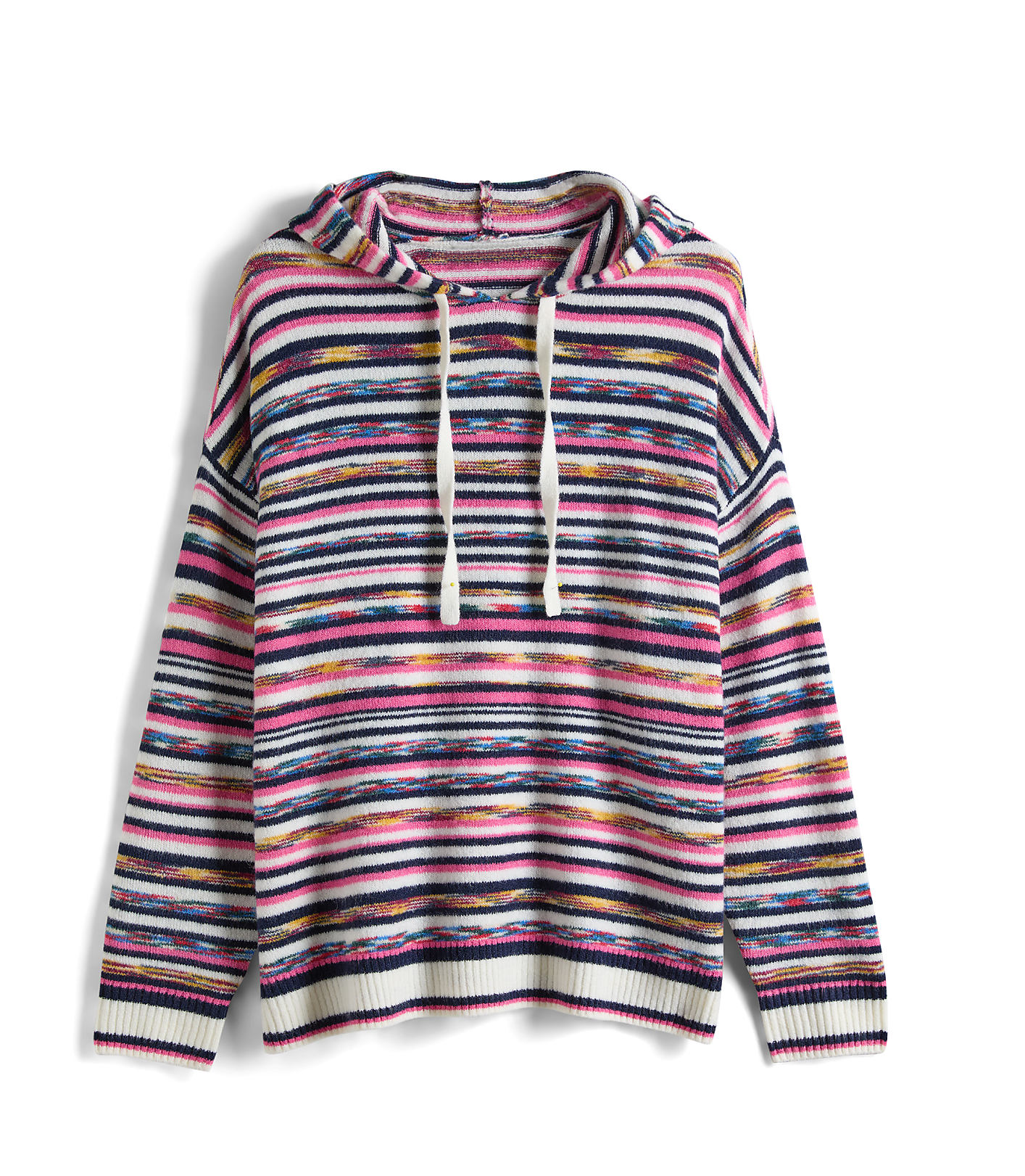 A colorful striped hoodie with white drawstrings is centered against a plain white background. Product Image 1
